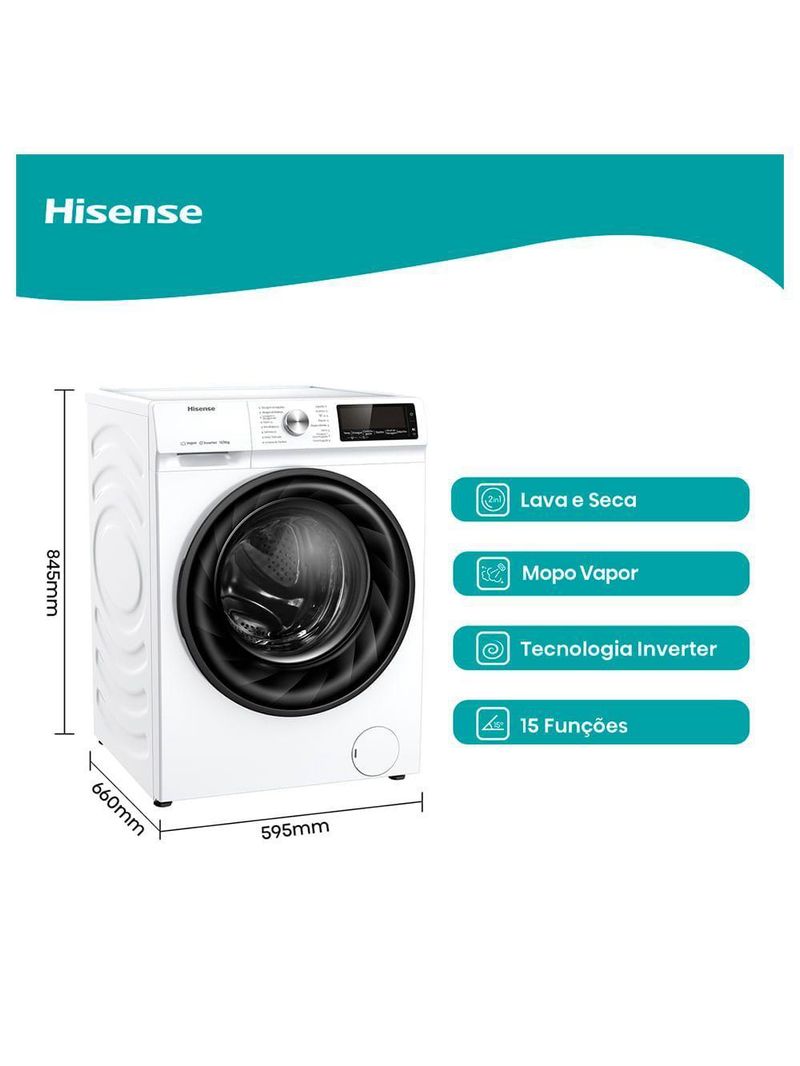 Lava e Seca 13kg Hisense Branca com 13 Programas de Lavagem Steam Wi-fi WD3S13 Branco 220V
