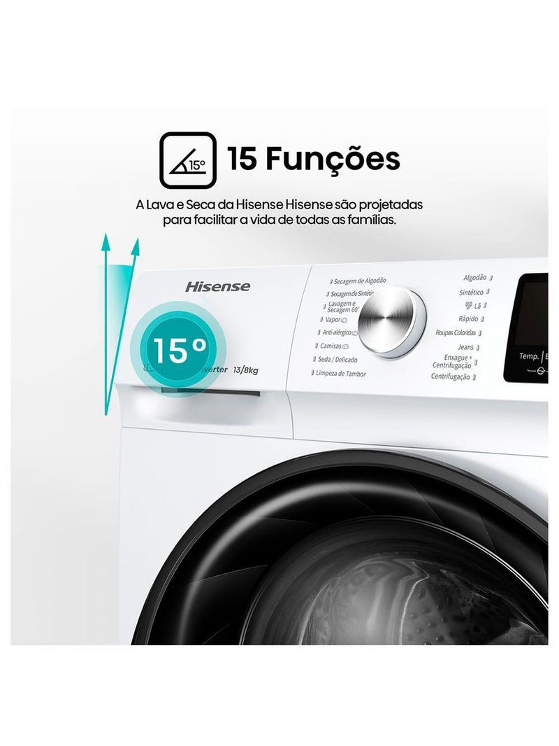 Lava e Seca 13kg Hisense Branca com 13 Programas de Lavagem Steam Wi-fi WD3S13 Branco 220V