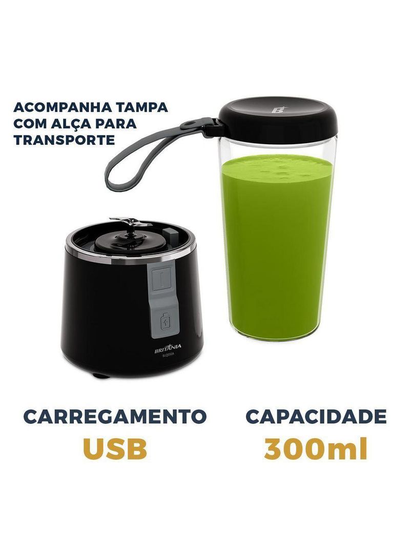 Liquidificador Portátil Britânia 300ml 50W USB BLQE02A Bivolt