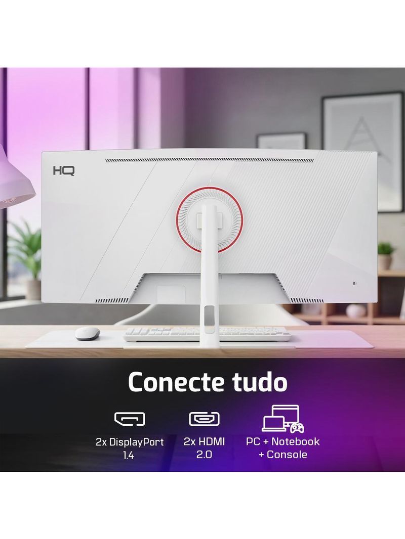 Monitor Gamer Curvo Branco HQ Premium 34” Ultrawide QHD 3440x1440, 165Hz, 1ms, AMD FreeSync, HDMI, DP - HQW34C16