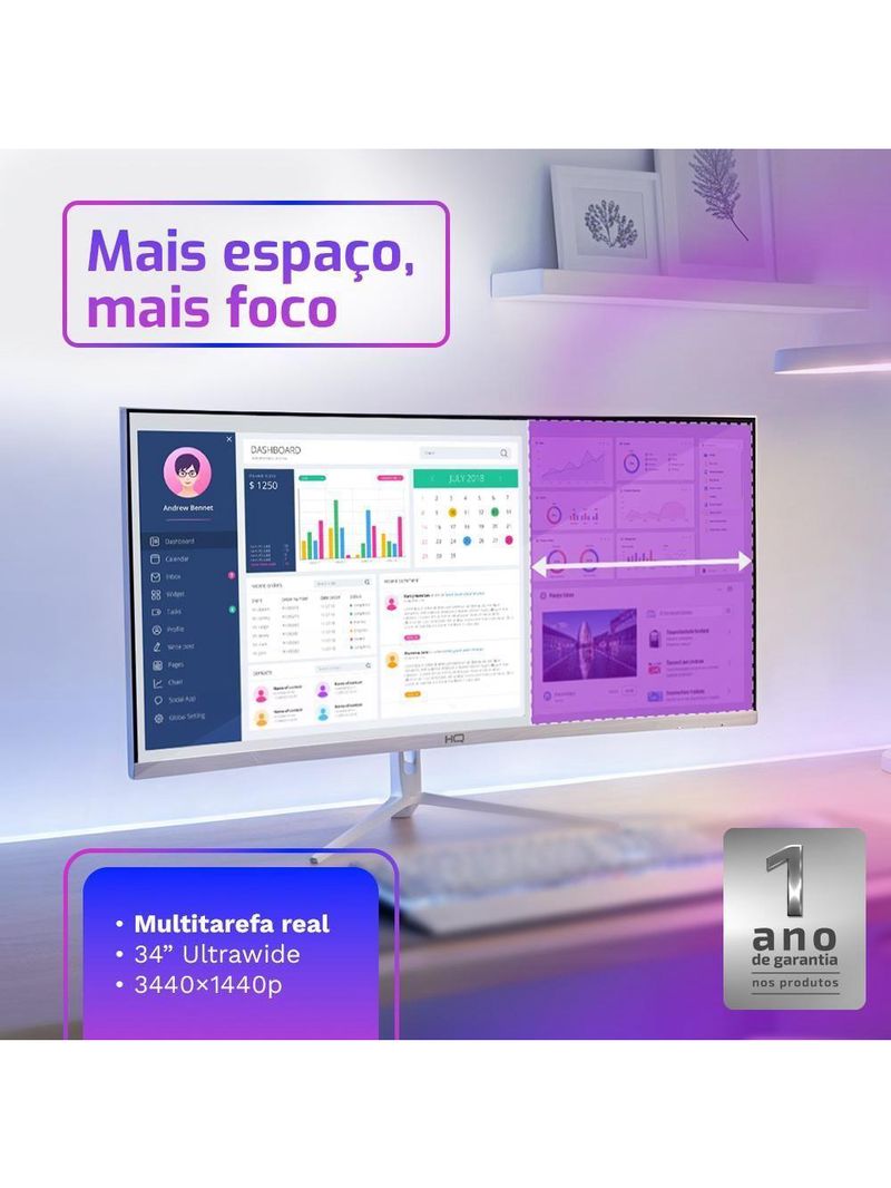 Monitor Gamer Curvo Branco HQ Premium 34” Ultrawide QHD 3440x1440, 165Hz, 1ms, AMD FreeSync, HDMI, DP - HQW34C16