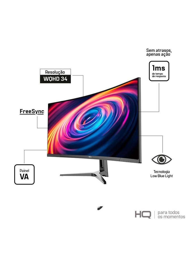 Monitor Gamer Curvo HQ Premium 34” Ultrawide QHD 3440x1440, 165Hz, 1ms, AMD FreeSync, HDMI, DP - HQ34C16