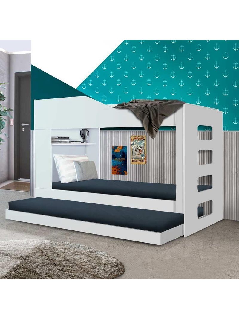 Treliche Beliche Com Cama Auxiliar 2 Em 1 Com Prateleira Branco