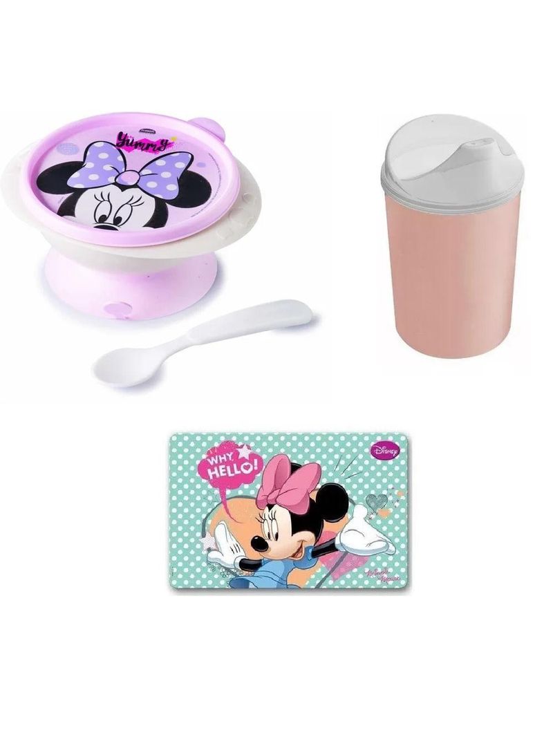 Tigelinha minnie com copinho bico e colher e jogo americano