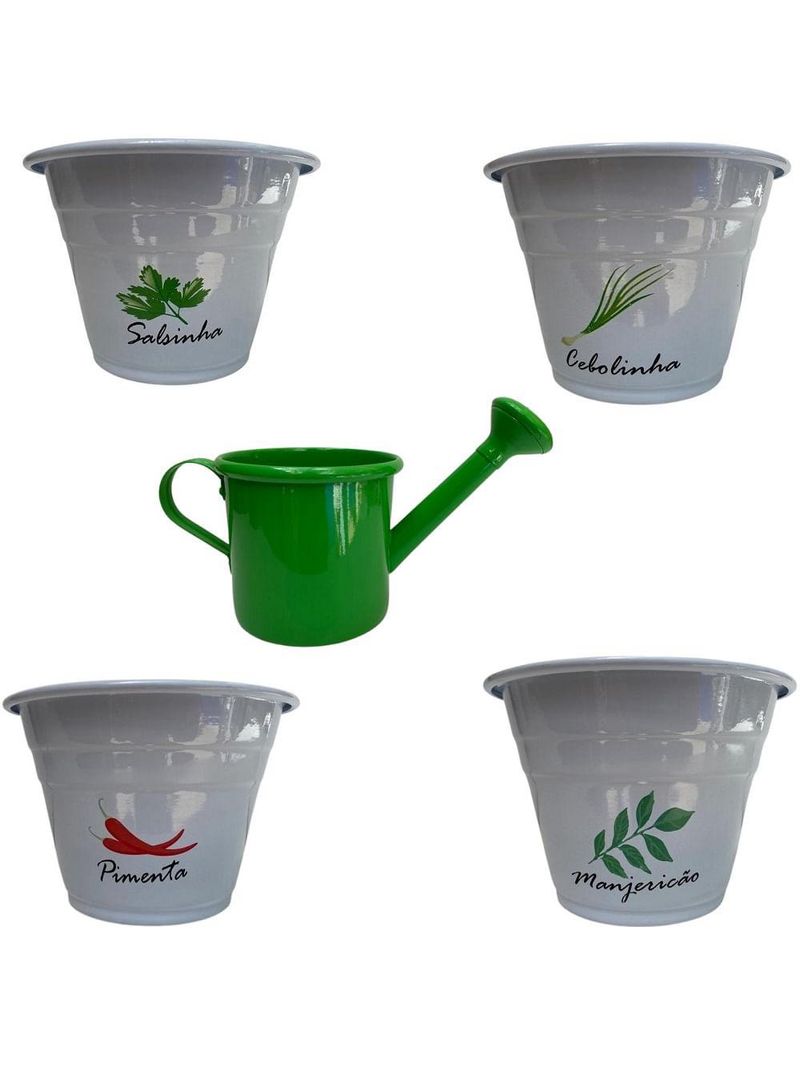 Tempero sem casa vasos brancos 10 x 15 e regador verde