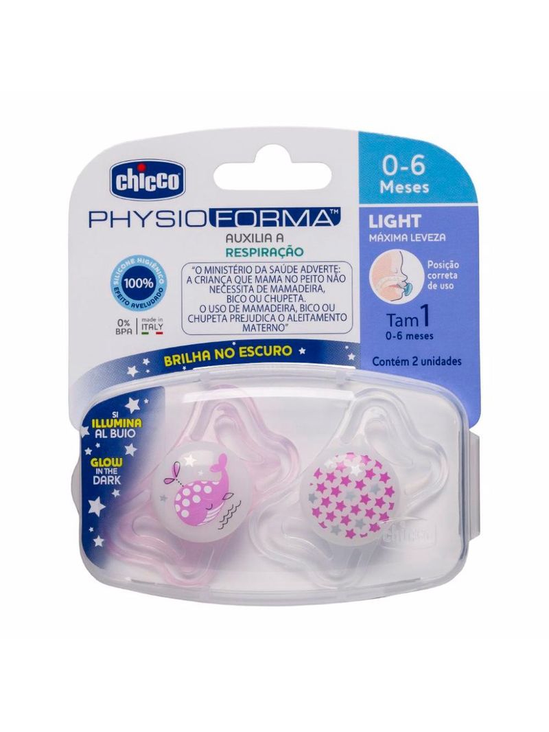 Chupeta de silicone physio light lumi 0 a 6 meses 2 unidades branco e rosa - chicco