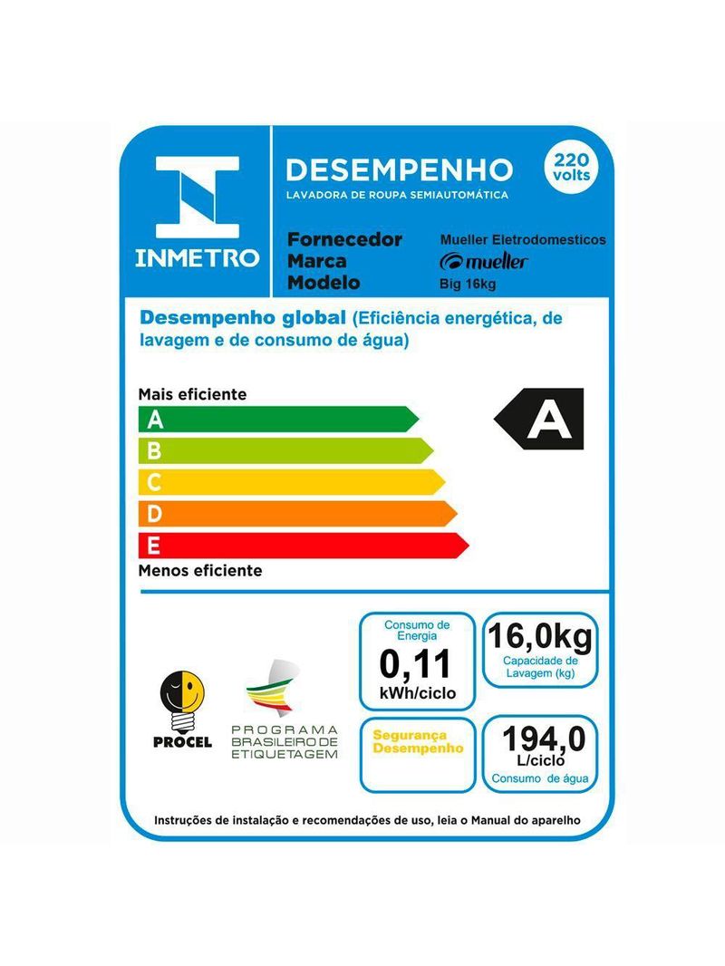 Máquina de Lavar Semiautomática 16kg Mueller Big Preta 220V