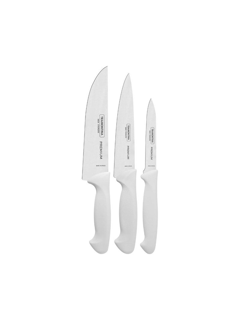 Jogo de facas premium com lâminas em aço inox e cabos de polipropileno branco 3pçs - tramontina
