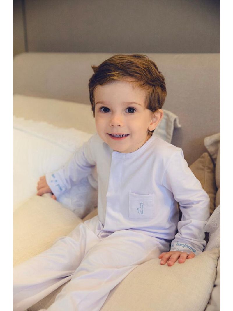 Macacão magnético algodão pima branco com bordados em azul - recém nascido