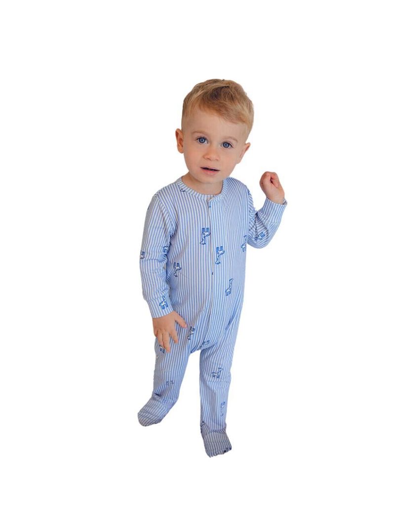 Macacão magnético listra azul com girafinhas - recém nascido