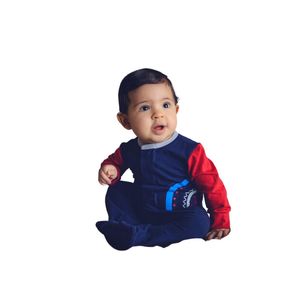 Macacão magnético marinho, detalhes vermelho e cinza com estampa arco-íris - 24 meses (2 a 3 anos)