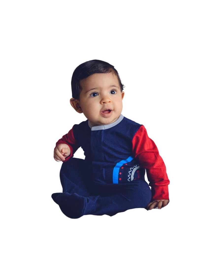 Macacão magnético marinho, detalhes vermelho e cinza com estampa arco-íris - 6 meses