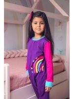 Macacão magnético roxo, detalhes pink e azul anil com estampa arco-íris - 3 meses