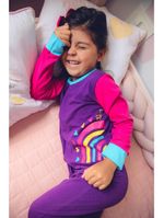 Macacão magnético roxo, detalhes pink e azul anil com estampa arco-íris - 9 meses