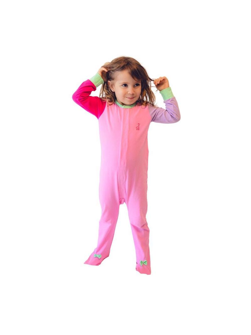 Macacão magnético rosa, mangas lavanda e pink e detalhes menta - 9 meses