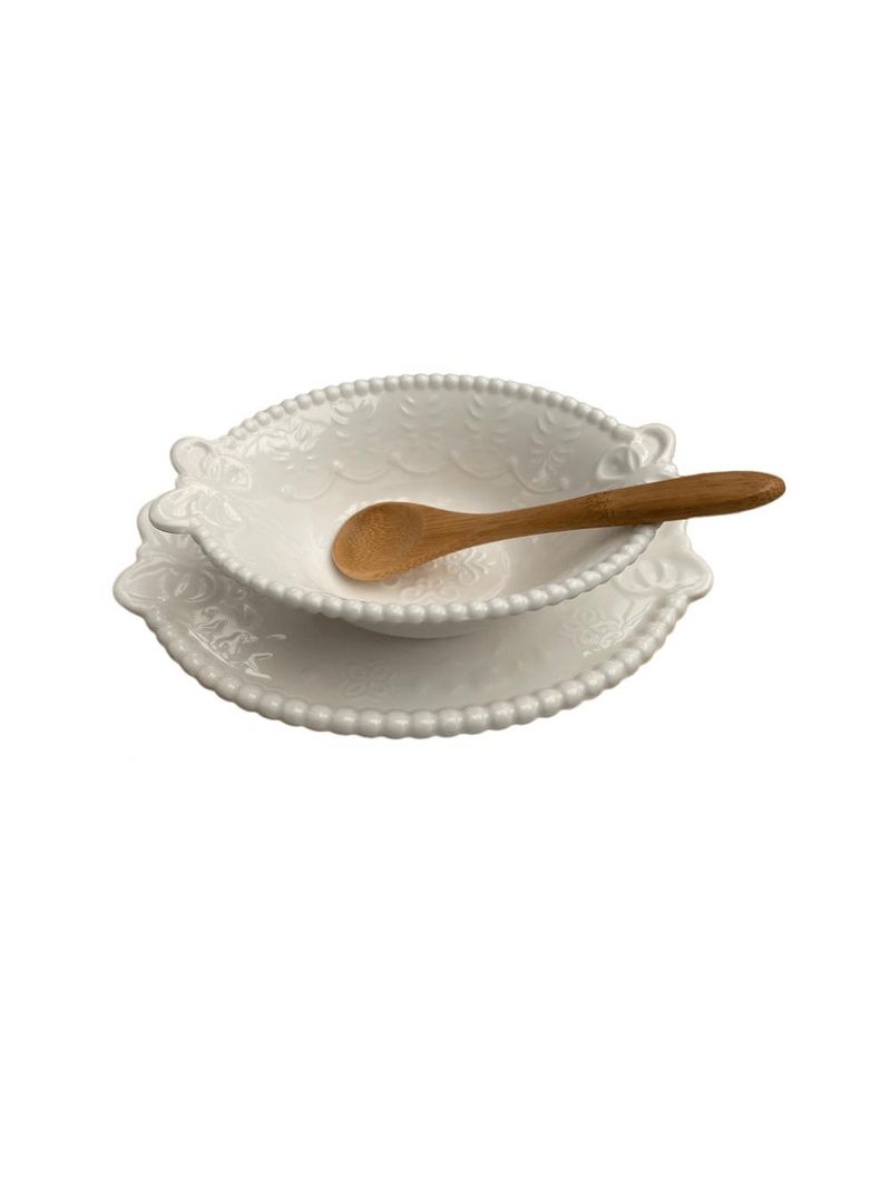 Molheira lacinho ceramica com colher bambu