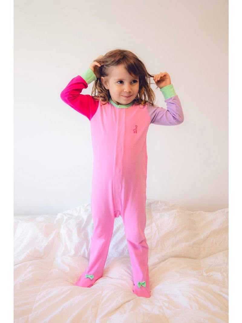 Macacão magnético rosa, mangas lavanda e pink e detalhes menta - recém nascido