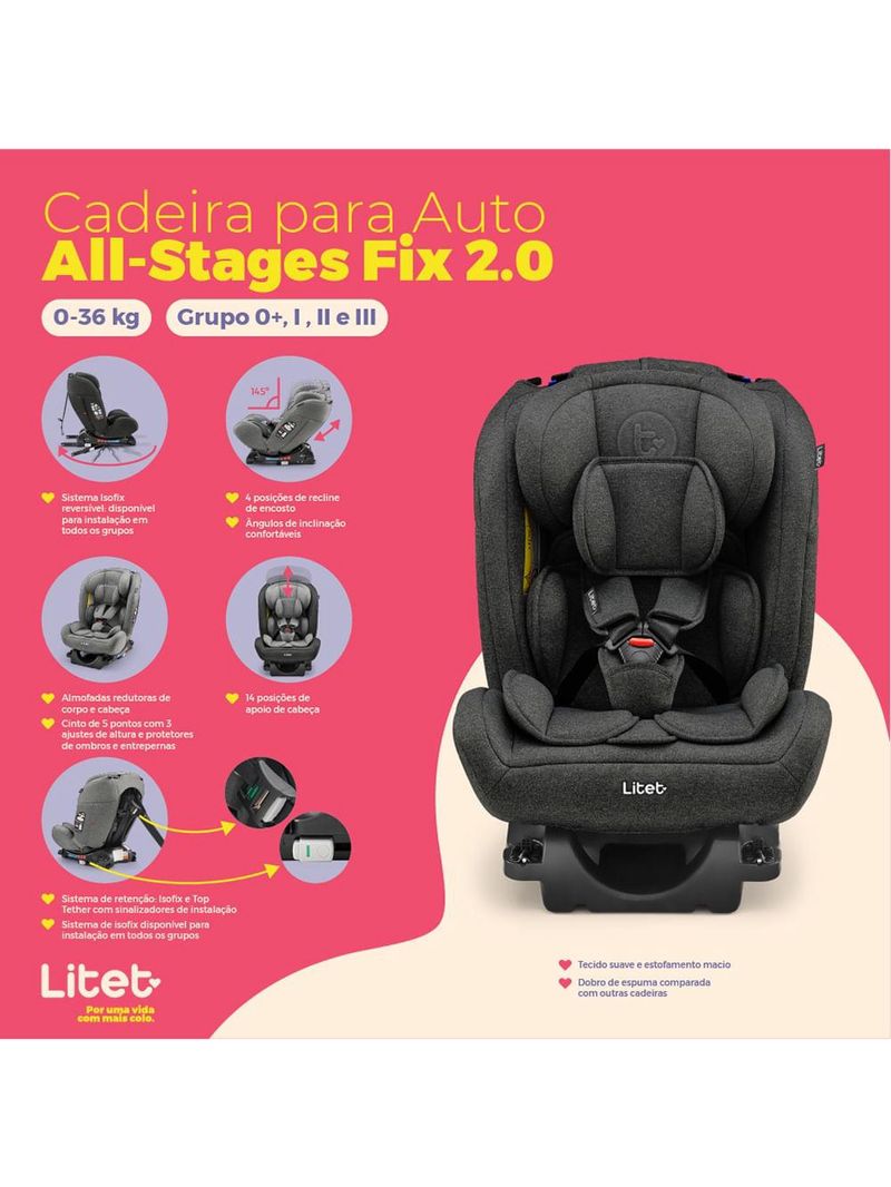 Cadeira para auto 0-36kg isofix all stages fix 20 preto e cinza litet - bb452