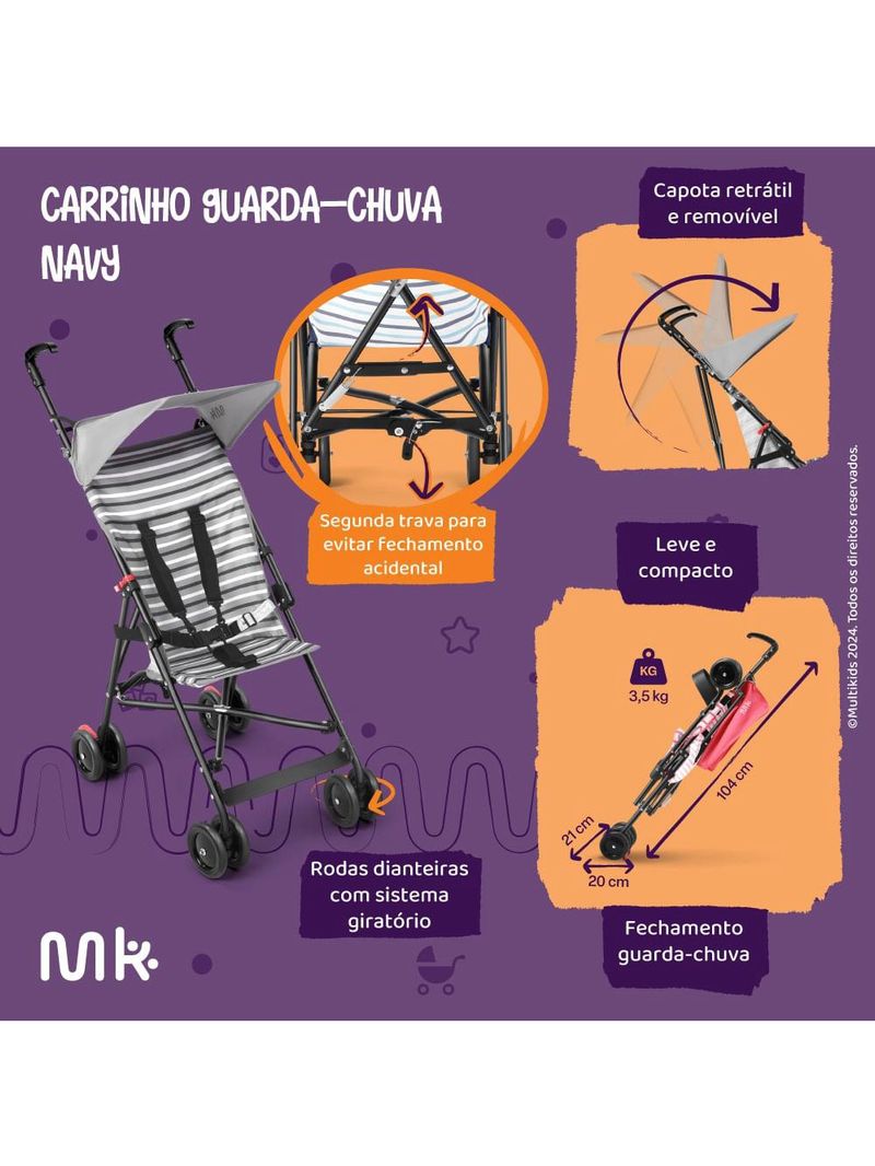 Carrinho guarda-chuva 6m-15 kgs multikids navy rosa - bb493