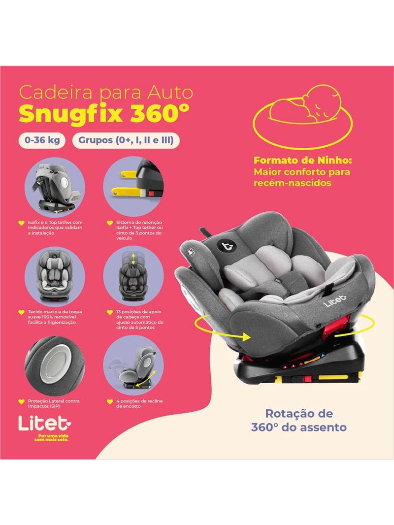 Cadeira para auto 0-36 kgs isofix com rotação snugfix cinza litet - bb454