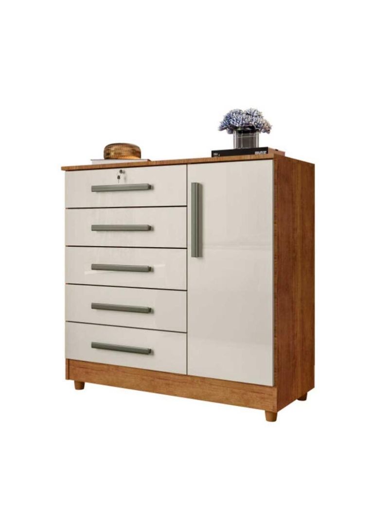 Cômoda Grande 5 Gavetas 1 Porta Com Chave Elegante Cedro / Areia Repleta Cedro/areia