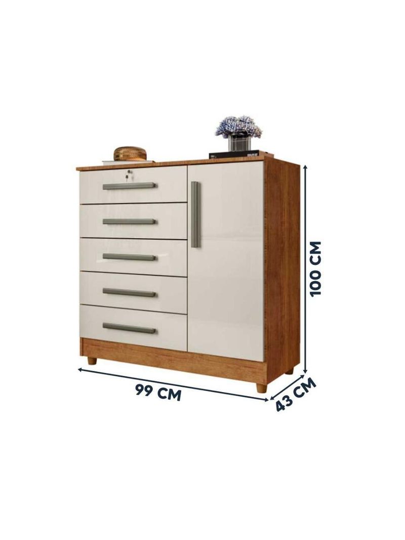 Cômoda Grande 5 Gavetas 1 Porta Com Chave Elegante Cedro / Areia Repleta Cedro/areia
