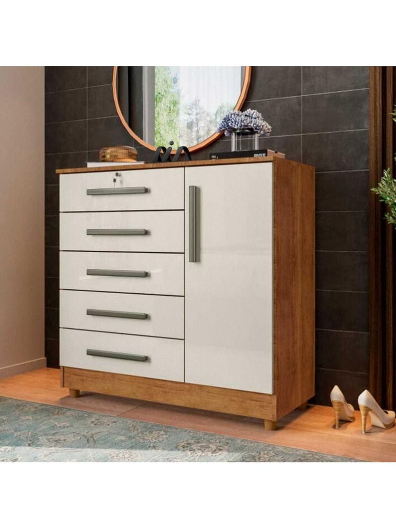 Cômoda Grande 5 Gavetas 1 Porta Com Chave Elegante Cedro / Areia Repleta Cedro/areia