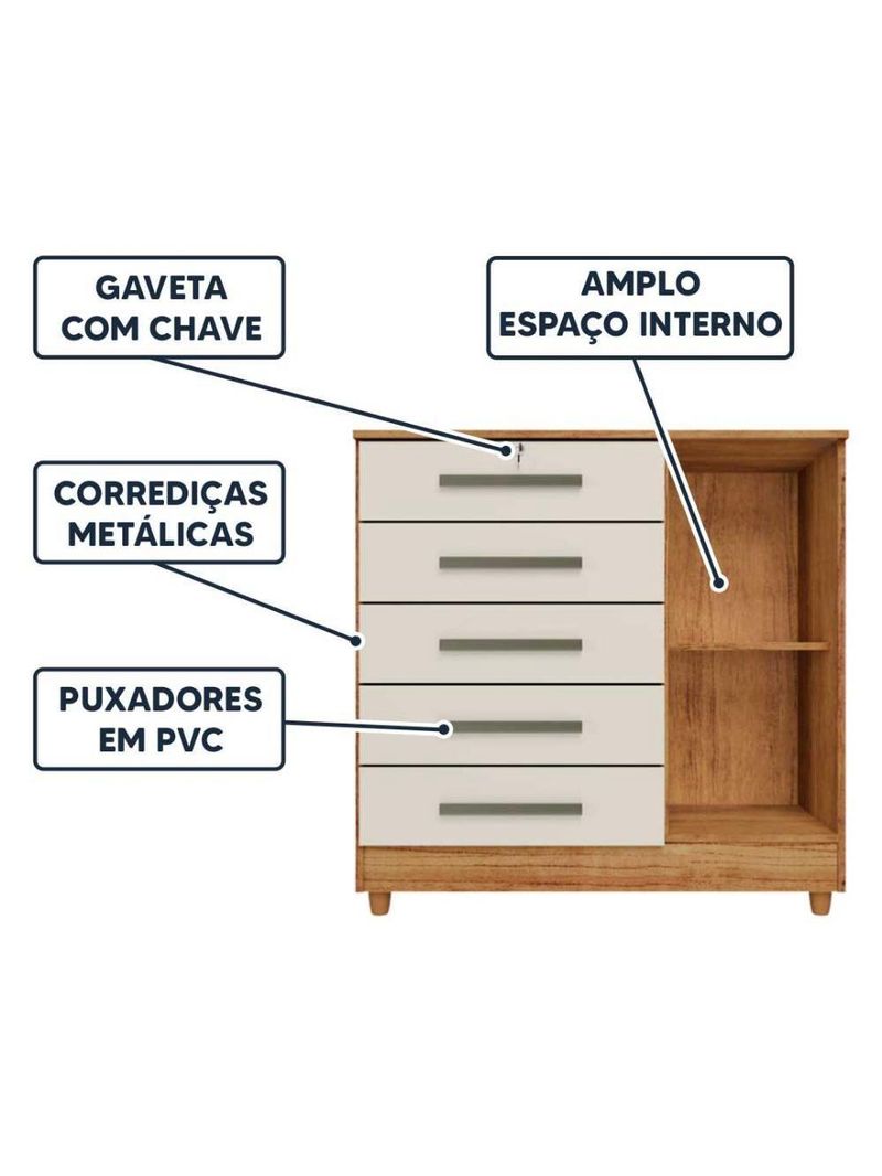 Cômoda Grande 5 Gavetas 1 Porta Com Chave Elegante Cedro / Areia Repleta Cedro/areia