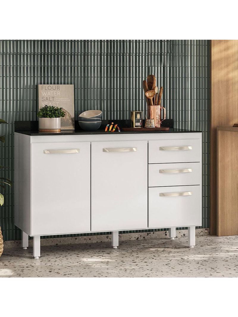 Balcão Cozinha Com Tampo Para Pia 1,20m 2 Portas 3 Gavetas Branco