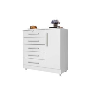 Cômoda Grande 5 Gavetas 1 Porta Com Chave Elegante Branco Repleta Branco