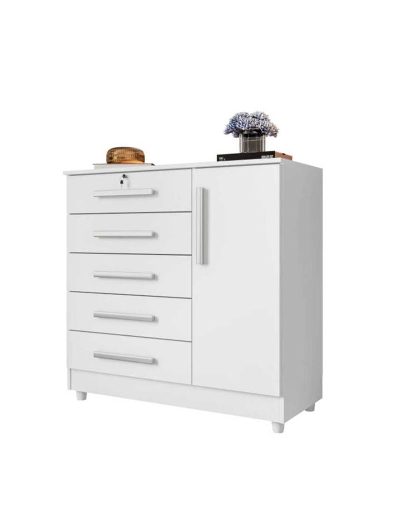 Cômoda Grande 5 Gavetas 1 Porta Com Chave Elegante Branco Repleta Branco