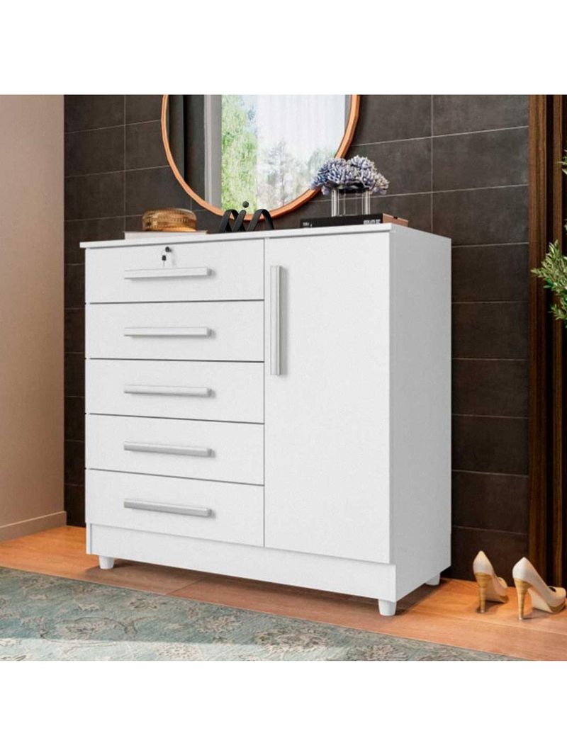 Cômoda Grande 5 Gavetas 1 Porta Com Chave Elegante Branco Repleta Branco