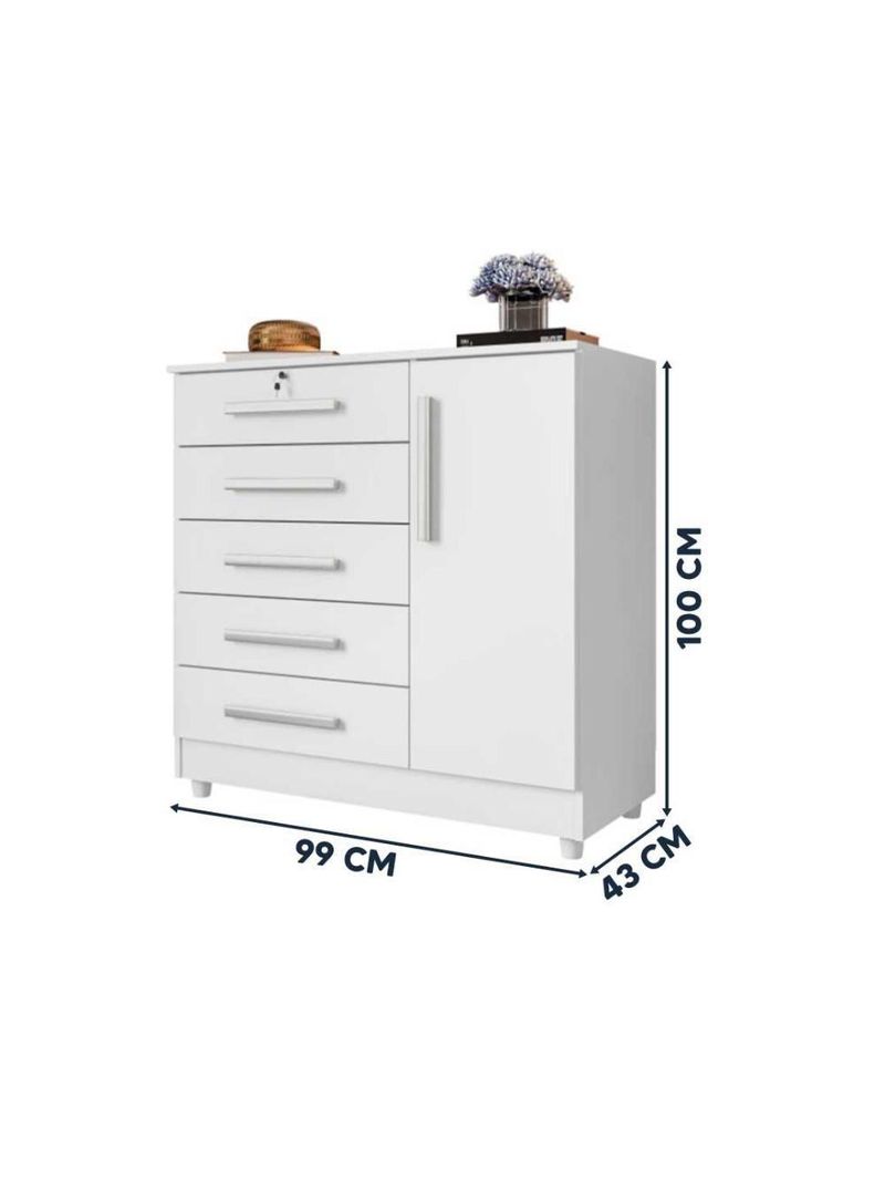 Cômoda Grande 5 Gavetas 1 Porta Com Chave Elegante Branco Repleta Branco