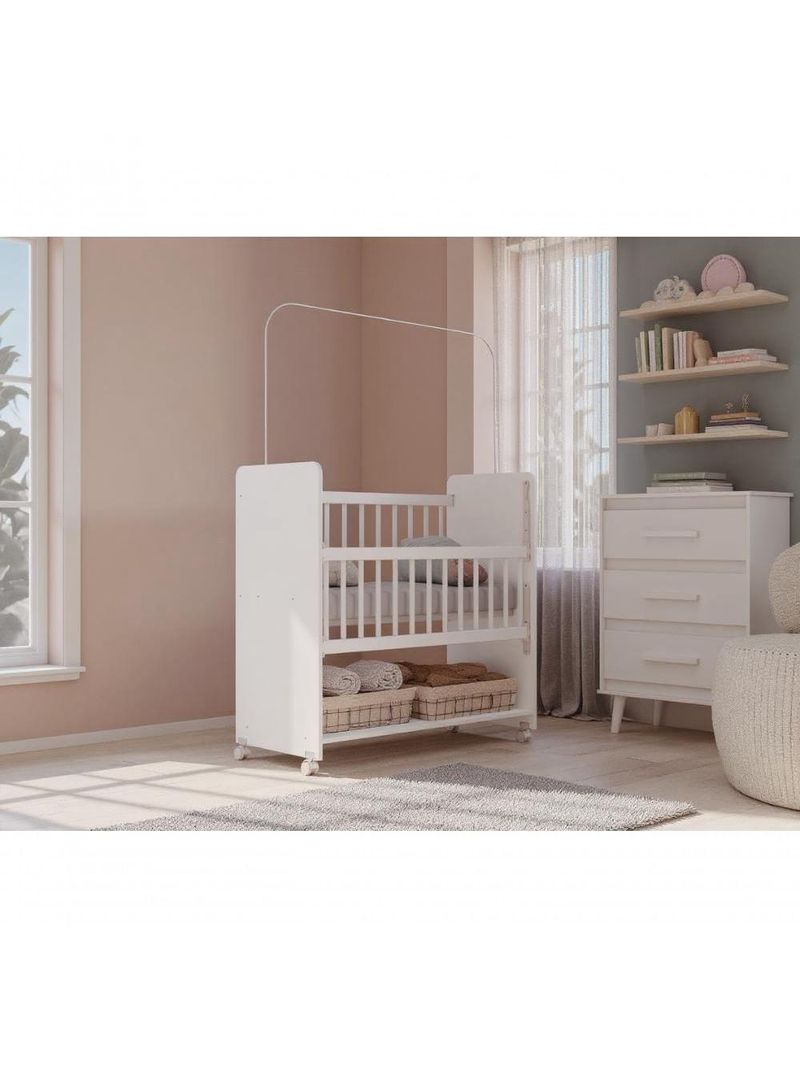 Berço Com Colchão Infantil Grade Móvel Rodinhas Mosquiteiro Branco Branco