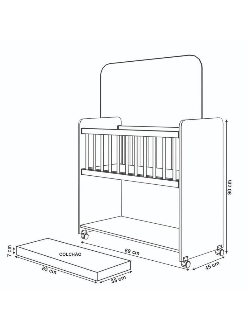 Berço Com Colchão Infantil Grade Móvel Rodinhas Mosquiteiro Branco Branco