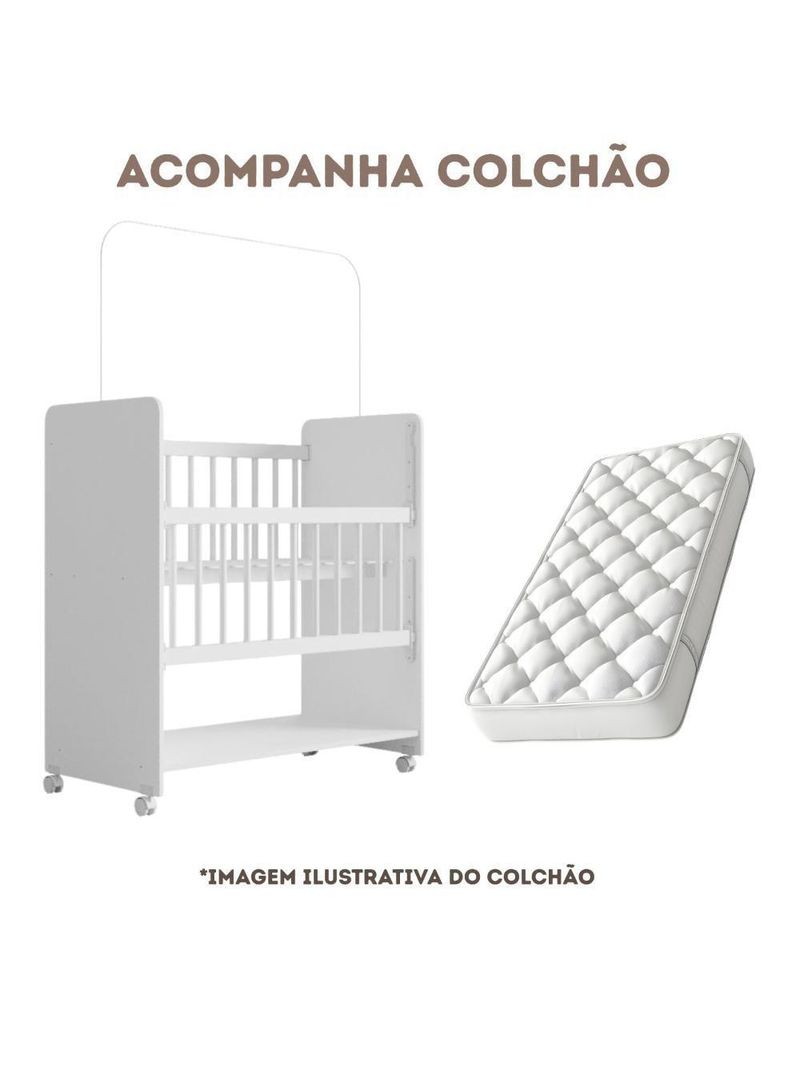 Berço Com Colchão Infantil Grade Móvel Rodinhas Mosquiteiro Branco Branco