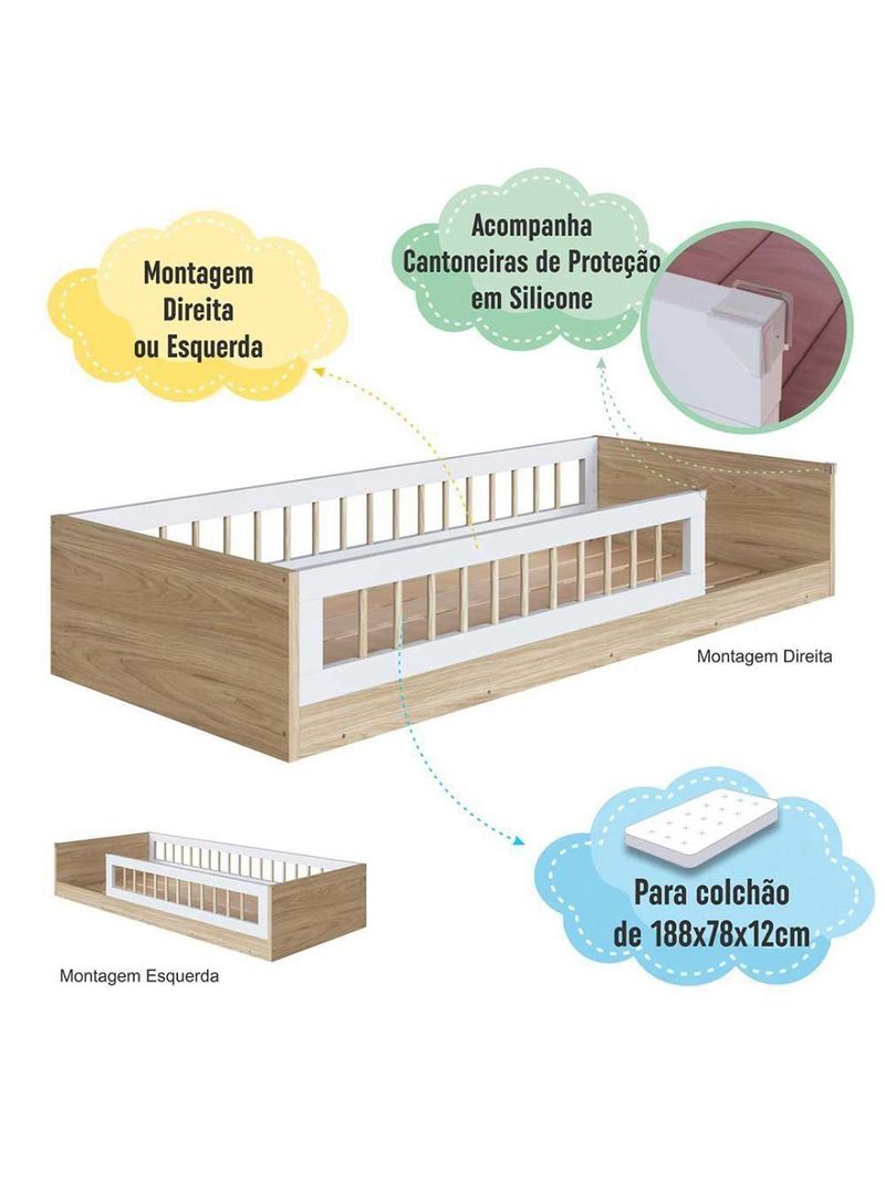 Cama Montessoriana Com Colchão Solteiro Infantil Affetto - Aveiro Oak Branco