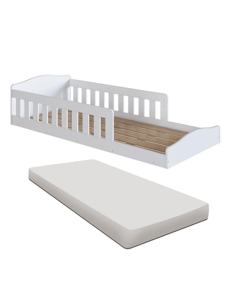 Cama Com Colchão Montessoriana Infantil C- Proteção Lateral - Branco
