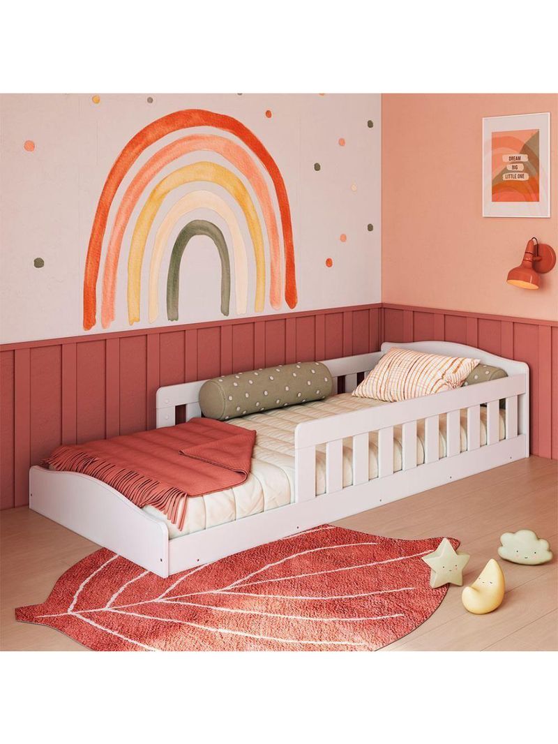 Cama Com Colchão Montessoriana Infantil C- Proteção Lateral - Branco