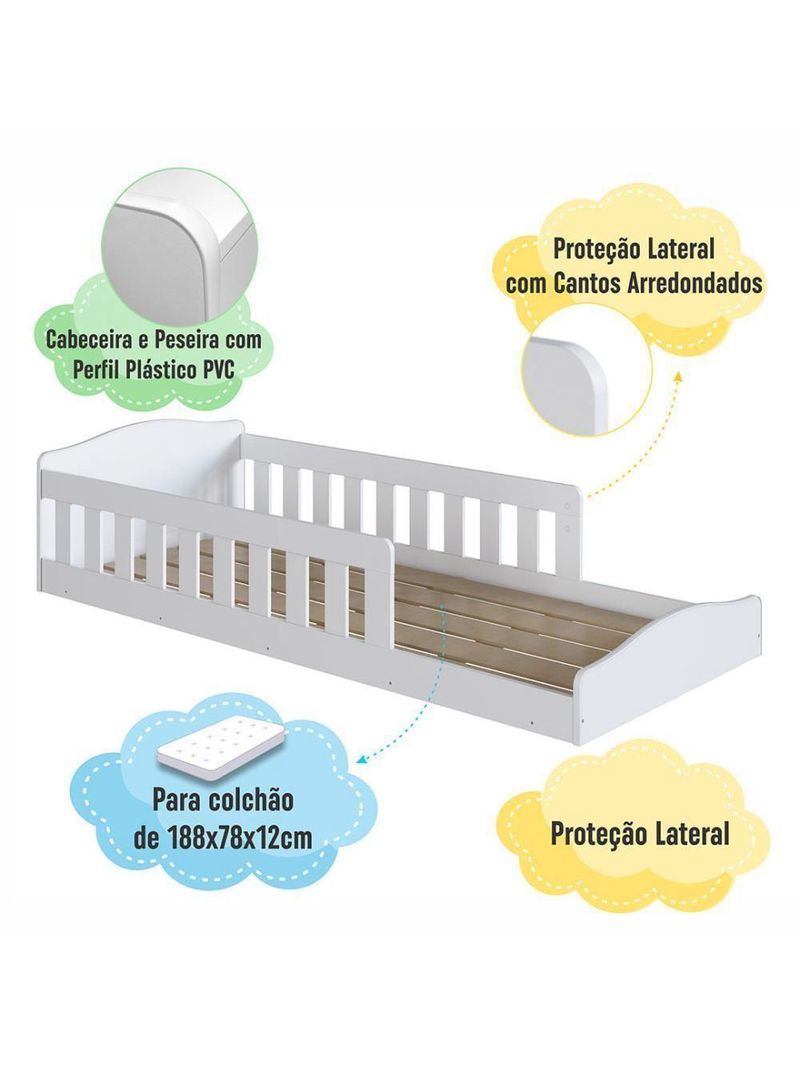 Cama Com Colchão Montessoriana Infantil C- Proteção Lateral - Branco