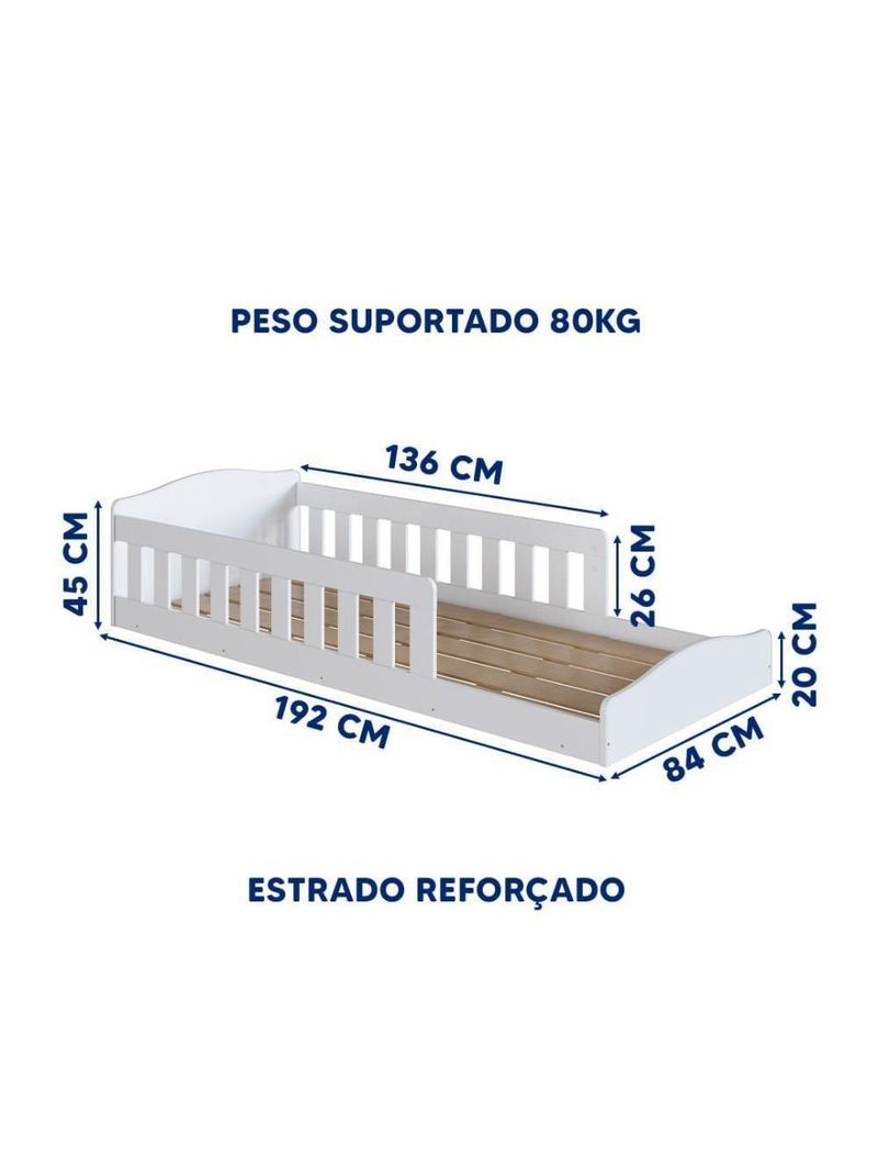 Cama Com Colchão Montessoriana Infantil C- Proteção Lateral - Branco