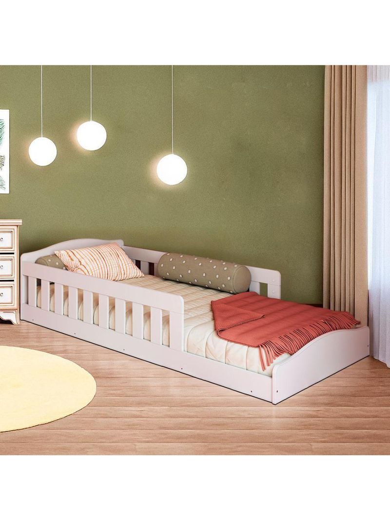 Cama Com Colchão Montessoriana Infantil C- Proteção Lateral - Branco