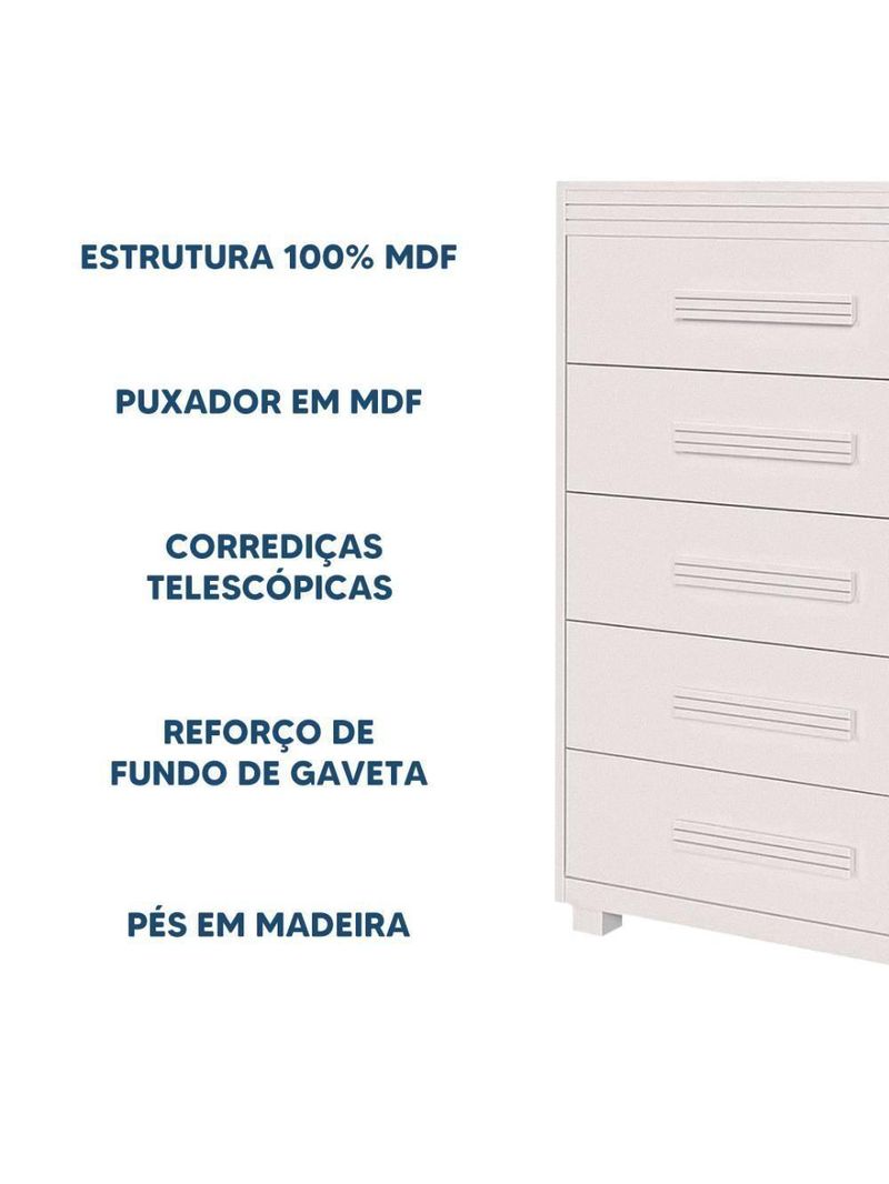 Cômoda Para Quarto Infantil 5 Gavetas Grande Branco