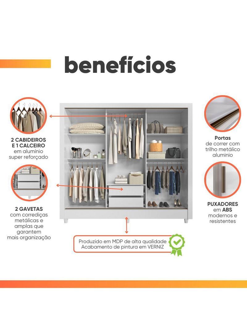 Guarda Roupas Casal Com Espelho 3 Portas De Correr 2 Gavetas França Andirá Branco