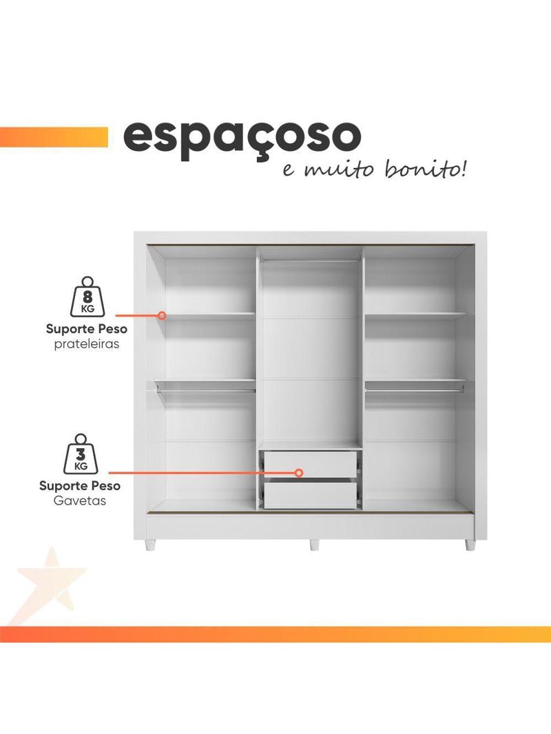 Guarda Roupas Casal Com Espelho 3 Portas De Correr 2 Gavetas França Andirá Branco