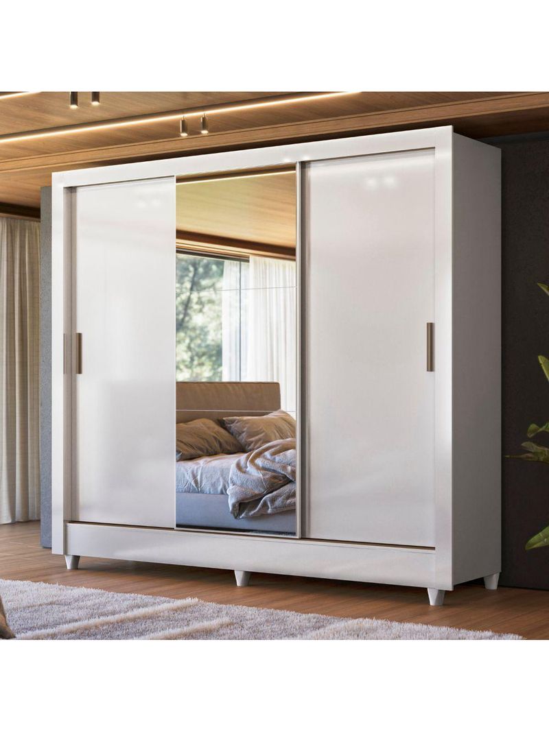Guarda Roupas Casal Com Espelho 3 Portas De Correr 2 Gavetas França Andirá Branco