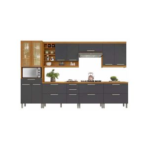 Cozinha Modulada Completa Burguesa Premium 7 Peças 33 Aéreos + 3 Balcões + 1 Paneleiro C6p58 Freijó Grafite