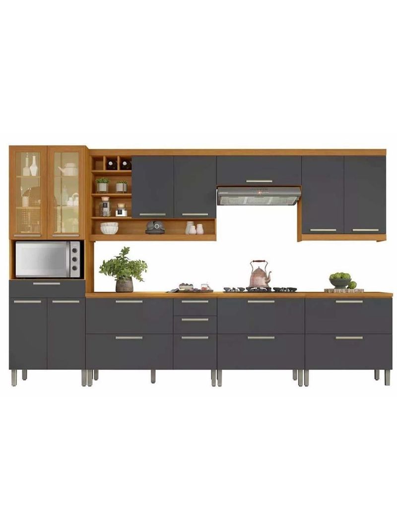 Cozinha Modulada Completa Burguesa Premium 7 Peças 33 Aéreos + 3 Balcões + 1 Paneleiro C6p58 Freijó Grafite