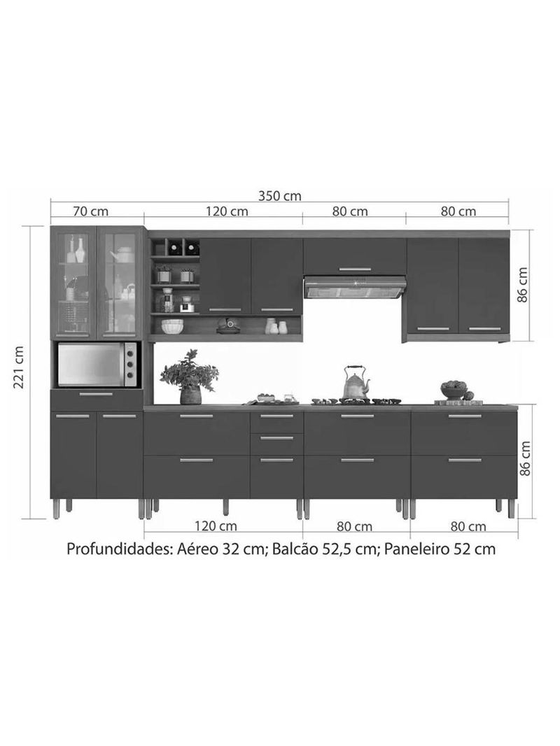 Cozinha Modulada Completa Burguesa Premium 7 Peças 33 Aéreos + 3 Balcões + 1 Paneleiro C6p58 Freijó Grafite