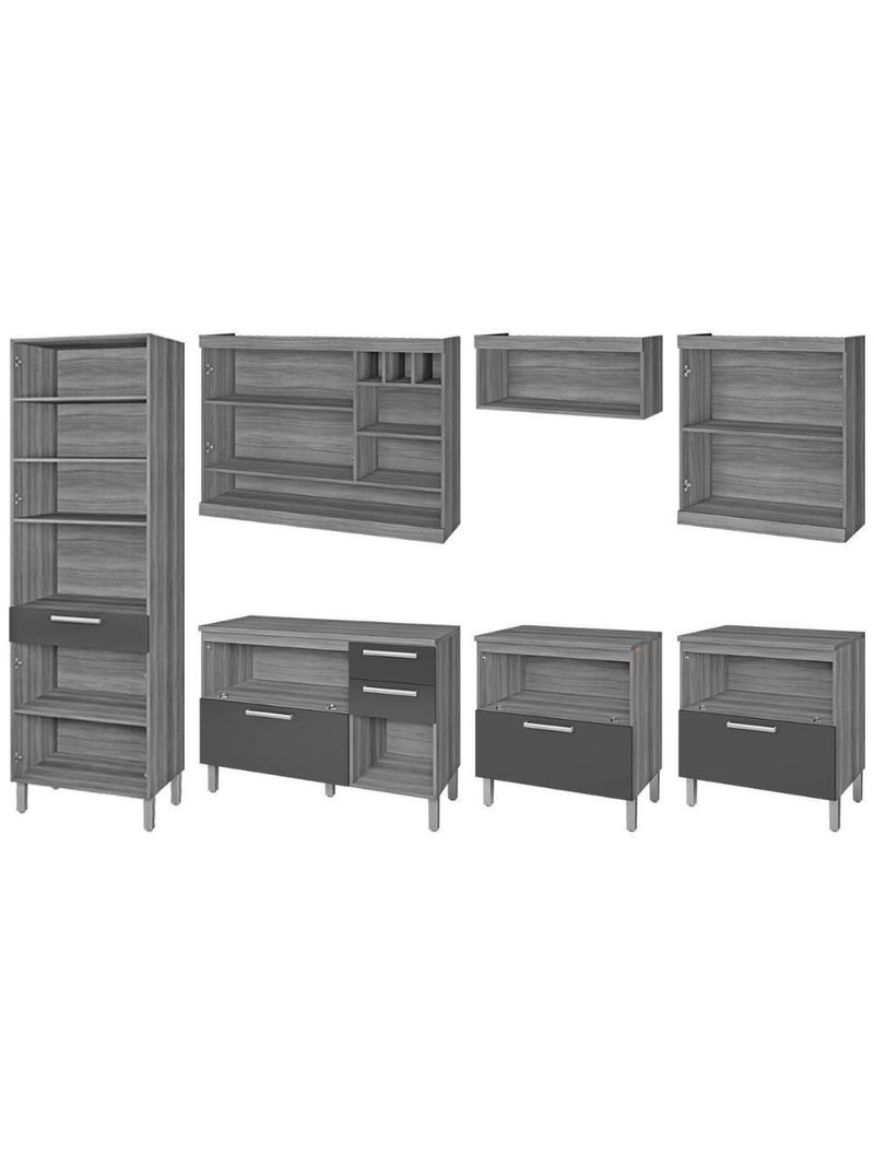 Cozinha Modulada Completa Burguesa Premium 7 Peças 33 Aéreos + 3 Balcões + 1 Paneleiro C6p58 Freijó Grafite